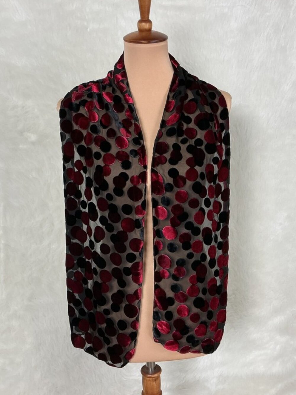 Dana Herbert Black & Red Velvet Burnout Polka Dot Scarf